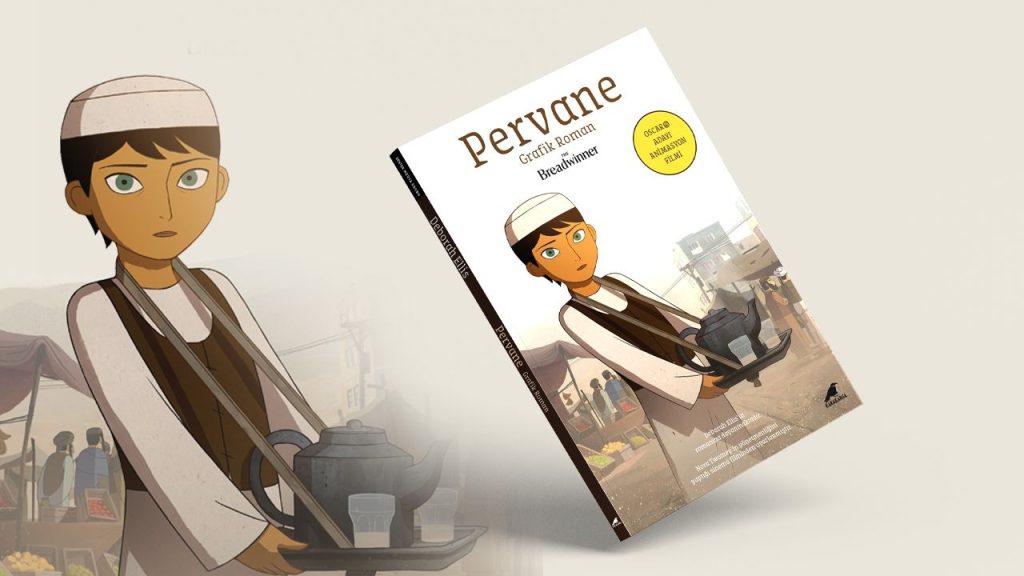 karanligin-icinde-filizlenen-cesaret-pervane-grafik-roman-olarak-turkcede-1 - Kültür Postasi Illustrated book cover titled 'Pervane' featuring a young boy in a white cap holding a tray, with a market scene in the background.