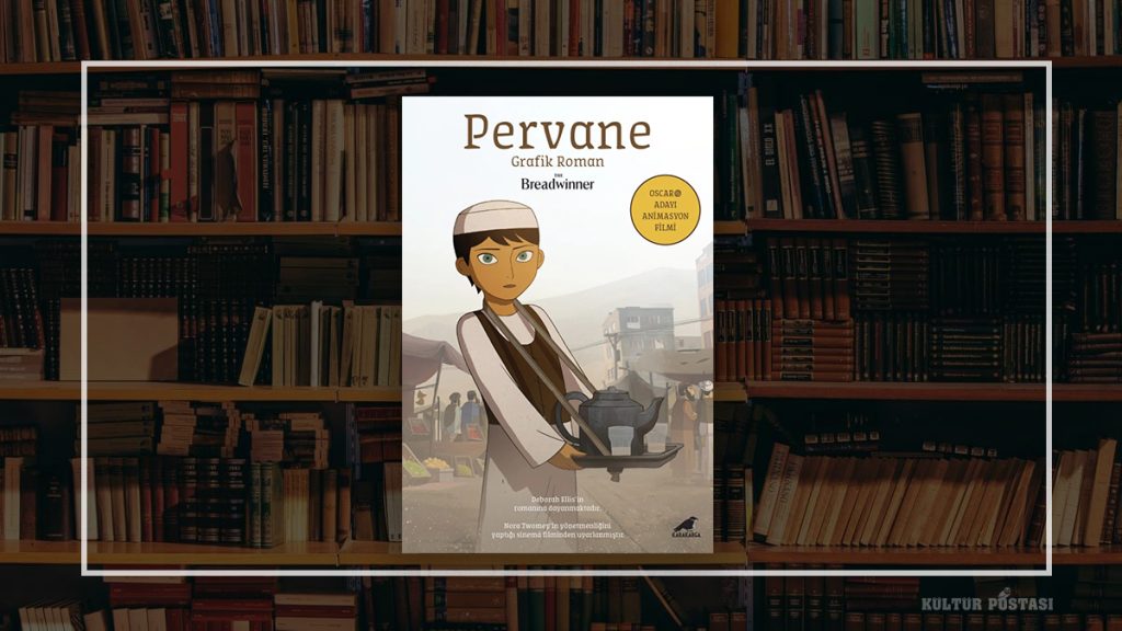 karanligin-icinde-filizlenen-cesaret-pervane-grafik-roman-olarak-turkcede-2 - Kültür Postasi Cover of the graphic novel Pervane, showing a boy in a white cap holding a kettle, with a market scene in the background.