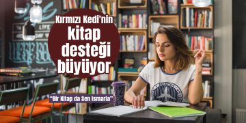 Banner in a cozy library: a woman studies at a table with shelves of books; Turkish text announces Kırmızı Kedi's book support program.
