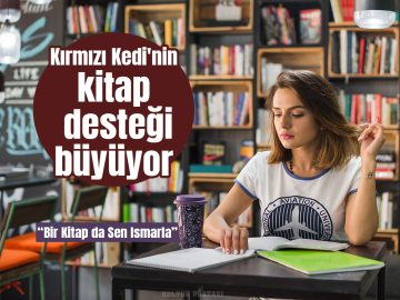 Banner in a cozy library: a woman studies at a table with shelves of books; Turkish text announces Kırmızı Kedi's book support program.